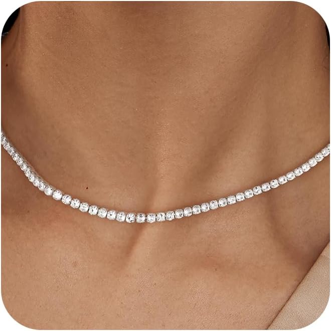 Tennis Necklace for Women, 14K Gold/Silver Plated Rhinestone Choker Necklaces for Women, Dainty Cubic Zirconia Cut Faux Diamond Chain