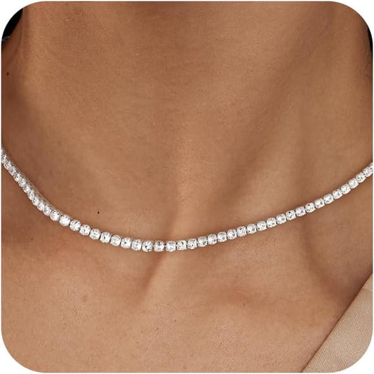 Tennis Necklace for Women, 14K Gold/Silver Plated Rhinestone Choker Necklaces for Women, Dainty Cubic Zirconia Cut Faux Diamond Chain