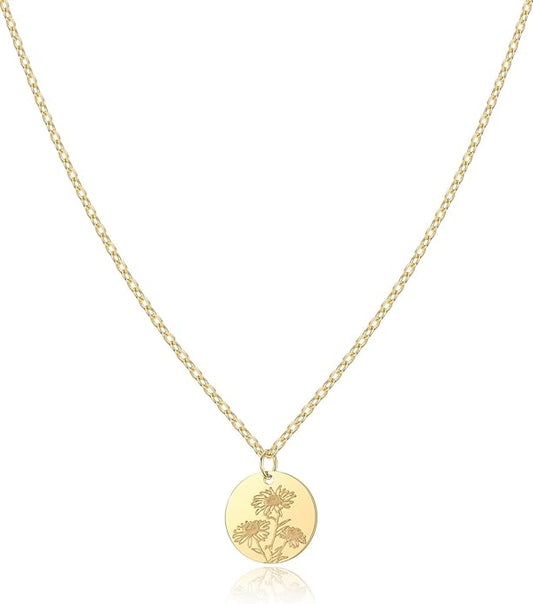 Birth Flower Necklace, 14K Gold Plated Floral Pendant Necklaces for Women, Simple Dainty Birth Month Flower Necklace, Birthday Jewelry for Women - 12 Month