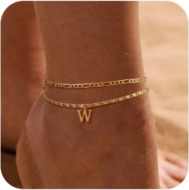 Tasiso Initial Ankle Bracelets for Women，Layered Waterproof Anklet for Women 14K Gold Filled Anklets Layering Thin Figaro Letter Anklet Summer Jewelry Gifts for Women