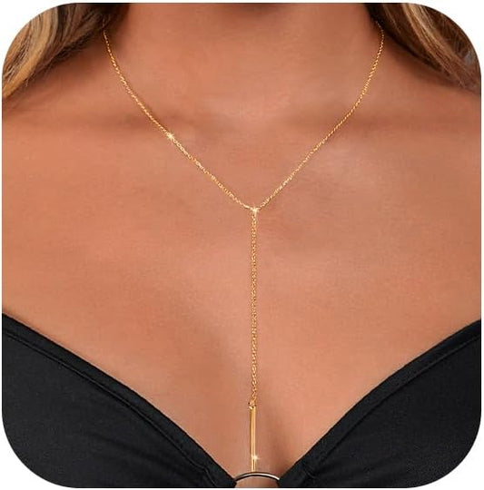Luxval Lariat Gold Necklace for Women, Dainty Long Necklace 14k Gold Plated/Silver Y-Shaped Pendant Necklaces Trendy Beaded Chain Drop Necklaces Jewelry for Women Gifts
