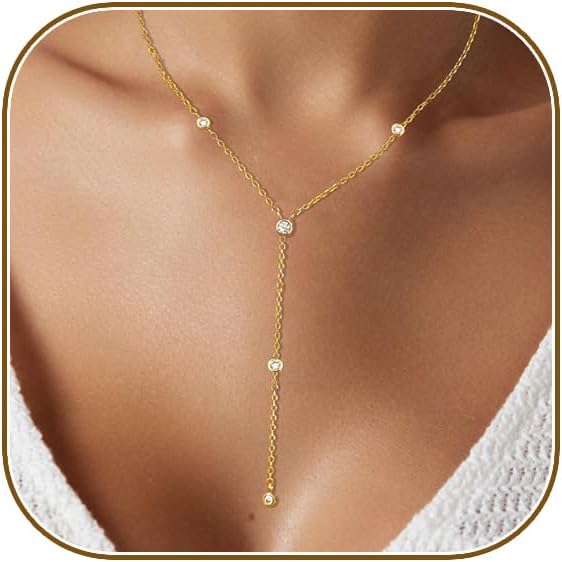 Lariat Gold Necklace for Women, Dainty Long Necklace 14k Gold Plated/Silver Y-Shaped Layered Beaded Chain Drop Necklaces for Women Trendy Simple Gold Jewelry for Women Gifts