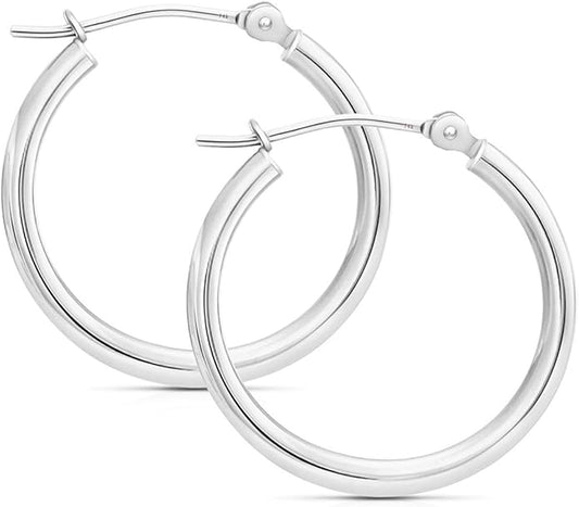 14k White Gold Polished Real Gold Hoop Earrings, Plain Round Gold Hoops, White Gold Hoop Earrings