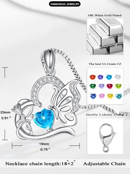 Birthstone Heart butterfly Necklace for Women, Infinity Pendant 14K Gold /18K White Gold Womens Necklaces, Jewelry Anniversary Birthday Christmas Gifts for Her Mom Wife﻿