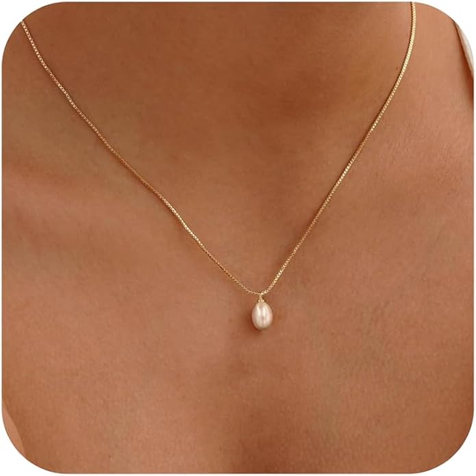 Pearl Necklace for Women Trendy,14k Gold Plated Necklace Dainty Wedding Necklace Small Cute Choker Necklace Beaded Lariat Drop Necklace Vintage Waterproof Jewelry for Women Gold Jewelry Fashion Gifts