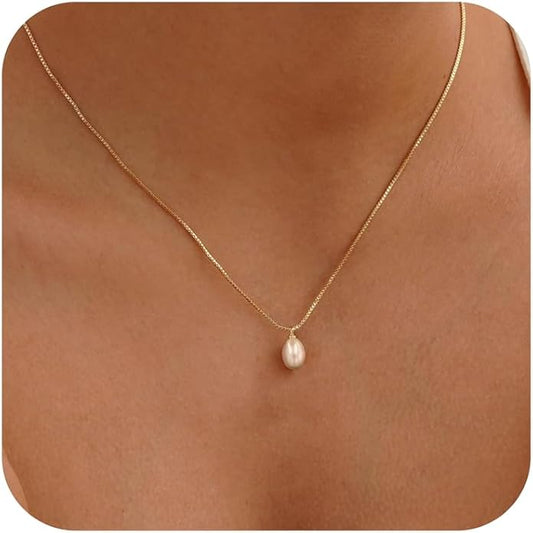 Pearl Necklace for Women Trendy,14k Gold Plated Necklace Dainty Wedding Necklace Small Cute Choker Necklace Beaded Lariat Drop Necklace Vintage Waterproof Jewelry for Women Gold Jewelry Fashion Gifts