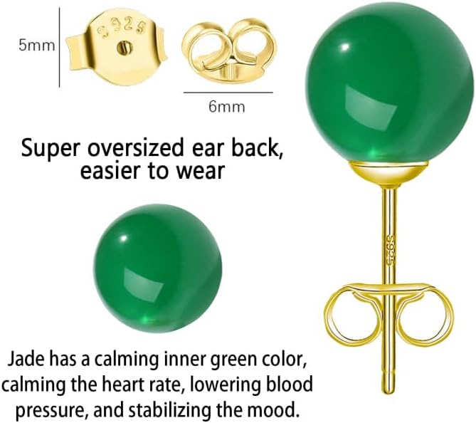 Jade Earrings Studs for Women Natural Green Gemstone, 5MM Sterling Silver Large Backing, Hypoallergenic Nickel and Lead Free， Handcrafted with Perfect Gift for Women