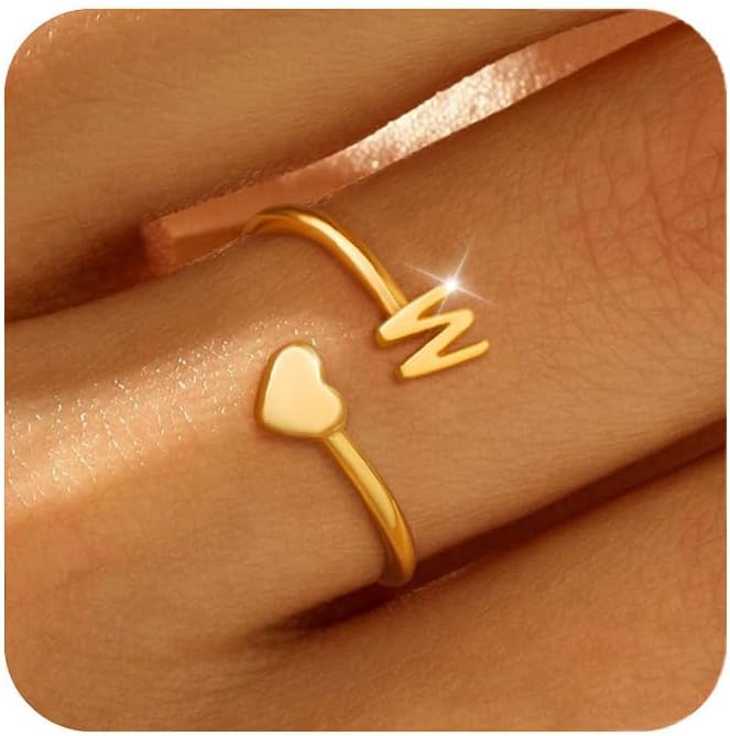 Honsny Gold Initial Rings for Women Non Tarnish 18K Gold Plated Heart Initial Stackable Rings Adjustable Pinky Rings for Women Cute Dainty Alphabet Capital Letter Rings Jewerly Gift