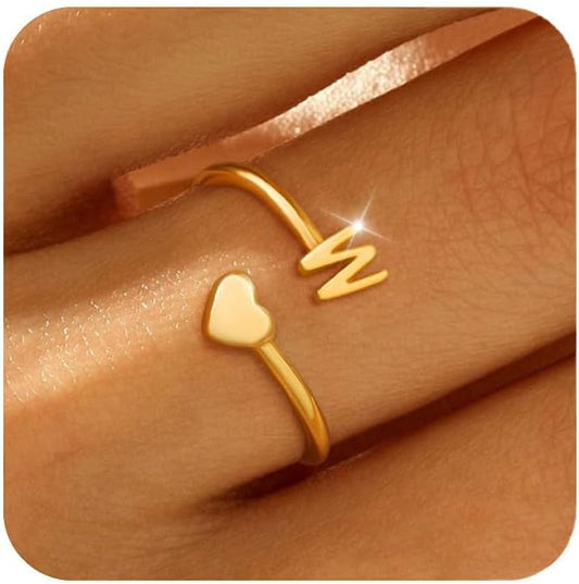 Honsny Gold Initial Rings for Women Non Tarnish 18K Gold Plated Heart Initial Stackable Rings Adjustable Pinky Rings for Women Cute Dainty Alphabet Capital Letter Rings Jewerly Gift