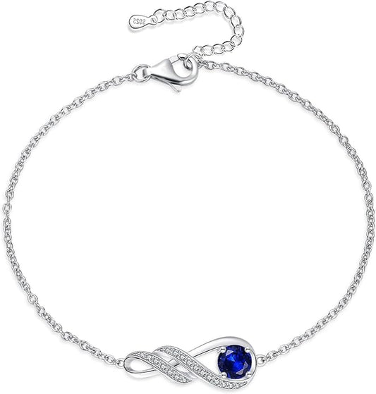 Birthstone Bracelets for Women 925 Sterling Silver Created Gemstone Bracelet Infinity Pendant Jewelry for Her, 6.7"+1.2"