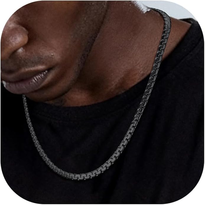Richsteel Stainless Steel Mens Flat Link Chain Necklace, Black/Gold/Steel Chain for men, 2mm/4mm/6mm Width, No Tarnish & Hypoallergenic Hip Hop Jewelry, 18"-30" Length