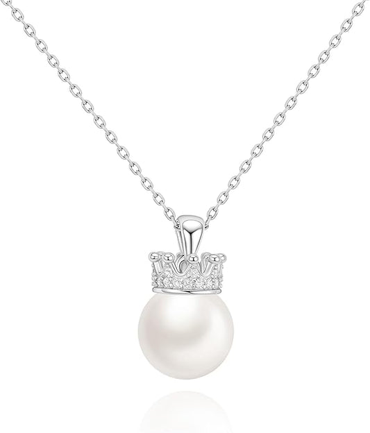 Pearl Necklace for women,10mm Single pearl Necklace, Silver Princess Crown Pearl Pendant Dainty Jewelry Gift for Wife, Mom,Girlfriend,Anniversary, Birthday,Valentine’s Day
