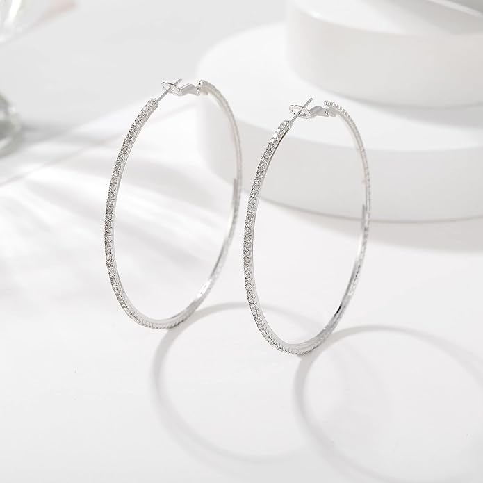 925 Sterling Silver Earrings Large Rhinestone Hoop Earrings Big Cubic Zirconia Hoop Earrings Thin Rhinestones Round Hoop Earrings for Women 20/30/40/50/60/70mm Sparkly Hoops With Crystals for Womens