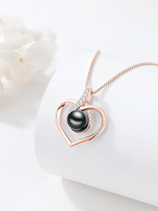 KANNSOAR Tahitian Black Pearl AAAA 18K White Gold Plated Sterling Silver Heart Pendant Necklace for Women Wife Mom Girlfriend Valentine Her Jewelry Gift for Anniversary Birthday Christmas