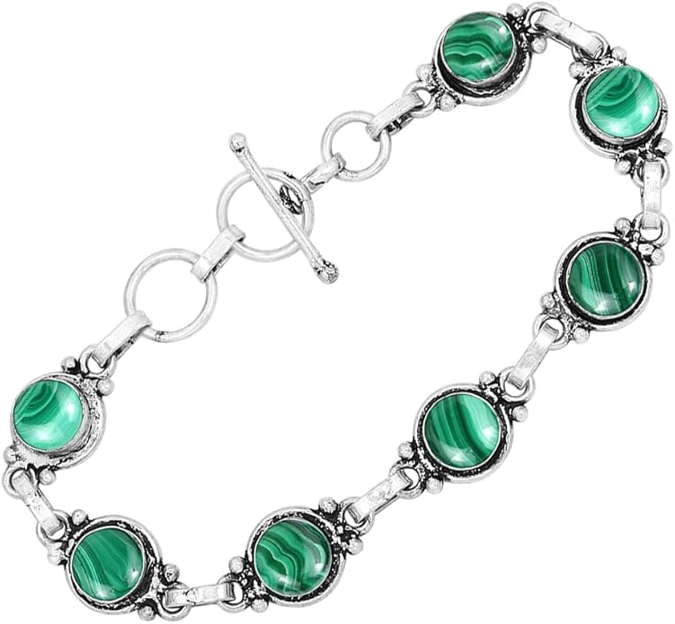 Round Shape Natural & Synthetic Gemstones Silver Plated Bracelets for Women - Vintage Bohemian Style Handmade Birthstone Adjustable Link Bracelet Jewelry Gifts for Wedding Anniversary Mother's Day