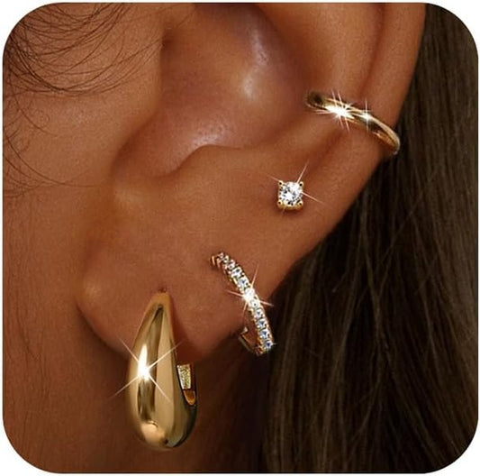 BESTEEL Small Hoop Earrings for Women - Hypoallergenic 14K Gold Plated Surgical Steel Chunky Huggie Earings Stacks Set Dainty Cute Cartilage Flat Back Stud Jewelry Trendy Gift 4 Pairs