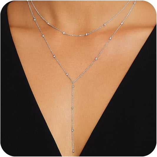 14K Gold Plated Y Necklace for Women – Dainty Lariat Long Pendant Chain, Layered Drop Necklace for V Neck Dress, Simple Sexy Cleavage Jewelry Gifts for Women