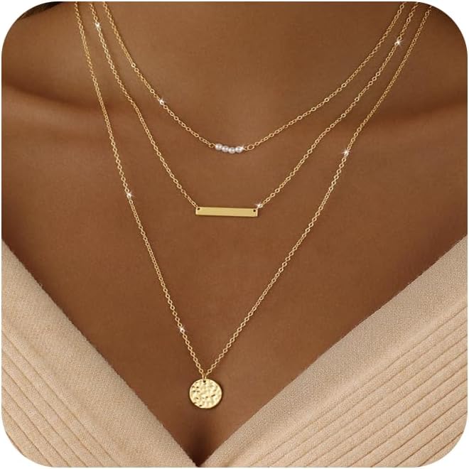 Layered Necklaces for Women 14K Gold Plated Stack Circle Pendant Trendy Long Chain Stackable Handmade Coin Necklace Set Dainty Gold Stacked Jewelry Gifts