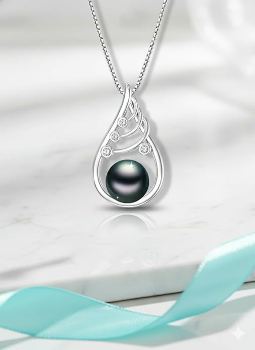 KANNSOAR Tahitian Black Pearl Pendant Necklace AAAA 18K White Gold Plated 925 Sterling Silver Black Pearl Jewelry Gift for Women Mother Wife Her for Anniversary Christmas Birthday