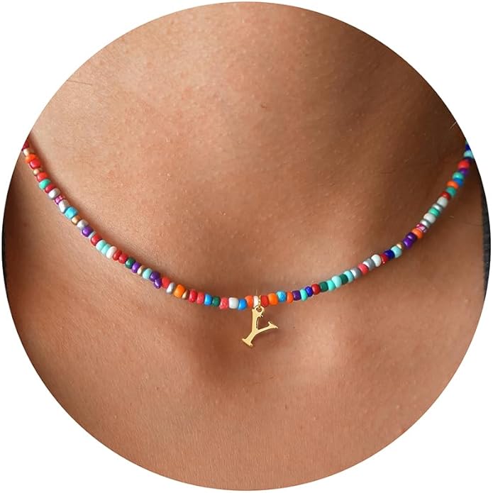 Yoosteel Colorful Beaded Initial Necklaces for Girls Gifts - Cute Choker Necklace for Kids Jewelry A-Z Initial Necklaces for Women Personalized Birthday Gifts for Teenage Girls