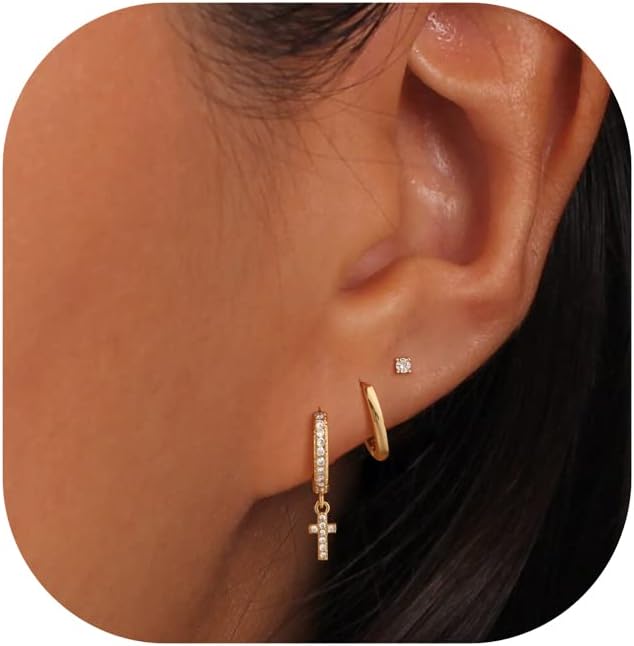 Freekiss 3 Pairs Gold Hoop Earrings Set: Dainty Stud Earrings Trendy Small 14K Gold Plated Hypoallergenic Dangle Cartilage Huggie Hoop Earrings for Women Gold Jewelry for Women Gifts