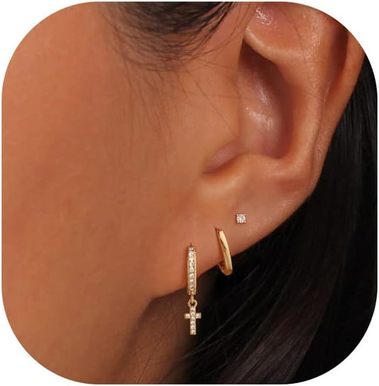 Freekiss 3 Pairs Gold Hoop Earrings Set: Dainty Stud Earrings Trendy Small 14K Gold Plated Hypoallergenic Dangle Cartilage Huggie Hoop Earrings for Women Gold Jewelry for Women Gifts