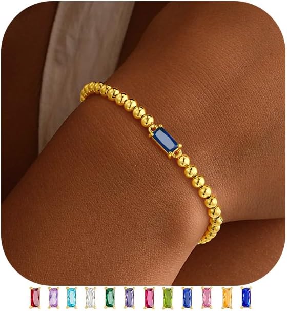 Yoosteel Dainty Birthstone Bracelet for Women - Elastic 14K-Gold-Plated Bead Bracelets Trendy Friendship Birthday Jewelry Gifts Christmas Stocking Stuffer for Women