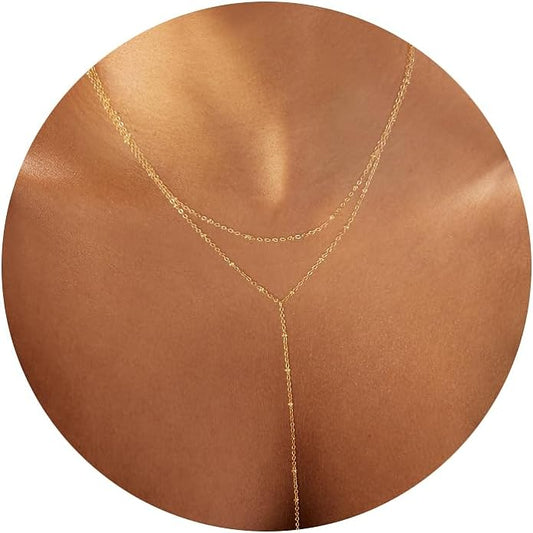 Foxgirl Lariat Gold Necklace for Women, Dainty Long Necklace 14k Gold Plated/Silver Y-Shaped Pendant Necklace Trendy Layered Cz Beaded Chain Drop Necklaces Simple Gold Jewelry For Women Gift