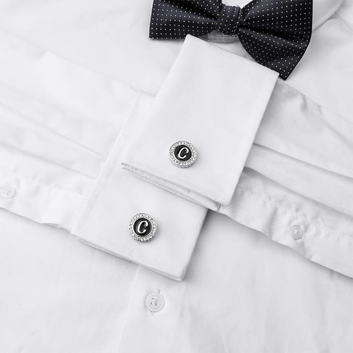 HAWSON A-Z Initial Cufflinks for Men and Women with Clear Crystal, Gold Silver Color Rasied Letter A-Z Cuff Links for French Shirt, Gift for Normal and Business Wearing