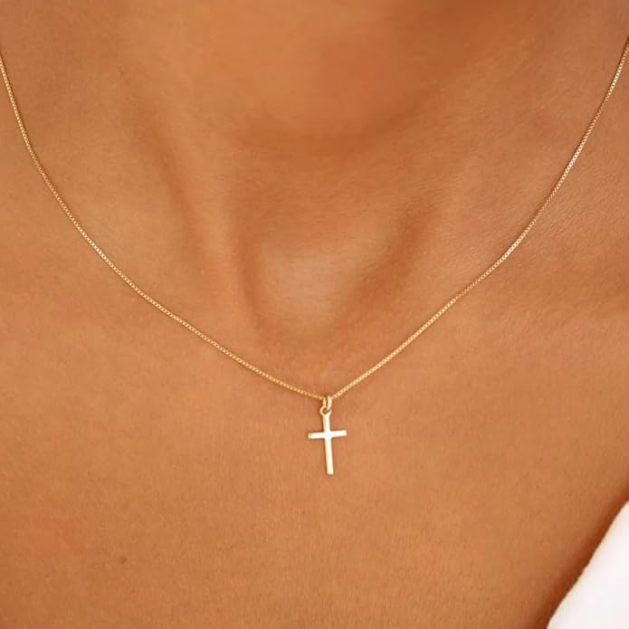 Cross Necklace for Women 14K Gold Silver Plated Dainty Small Cross Pendant Choker Simple Trendy Cute Cross Charm Chain Necklace Easter Basket Stuffers Baptism Religious Faith Jewelry Gift