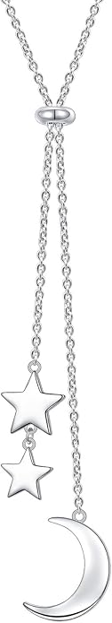 Long Chain Dainty Necklace Simple Style 925 Sterling Silver Star Moon Pendant Adjustable Y Shaped Necklace Jewelry for Women