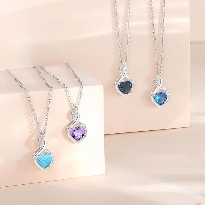 FANCIME 14K Solid White Gold Heart Birthstone Necklace with Diamond Pendent Birthday Gifts for Mom Women, Sterling Silver Chain 16" + 2" Extender