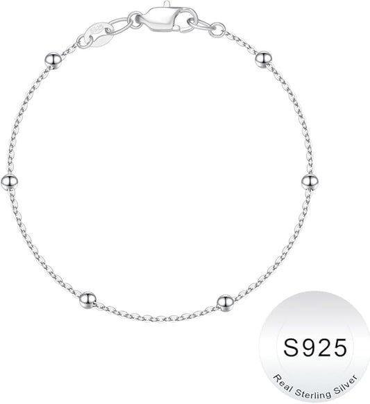 IEFWELL S925 Sterling Silver Bracelet for Women - Solid 14K-Real-Gold-Plated Satellite Bead Chain Bracelet, 6.5/7/7.5/8/8.5/9 Inches Sterling Silver Chain Bracelets, Jewelry Gifts for Women
