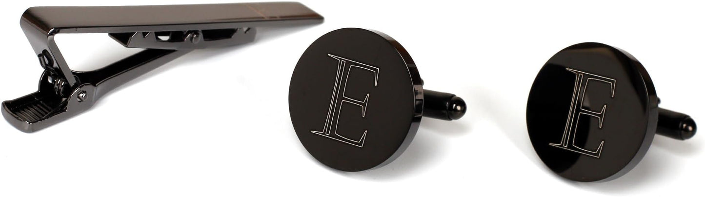 Mens Initial Cufflinks and Tie Clip A-Z Alphabet Letter Black Stainless Cuff Links Tie Bar with Engraved Walnut Wood Box Groom Groomsman Wedding Set