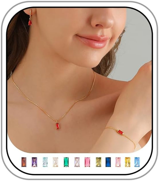 Birthstone 14K Gold Plated Bracelets Earrings Necklaces Jewelry Set， Blue Green May Cubic Zirconia，Friendship Bracelets Jewelry Gifts for Mom Best Friend Birthday
