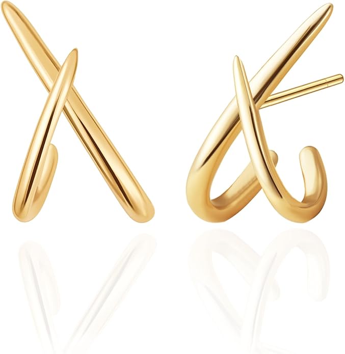 14K Gold Plated Hoop Earrings for Women Triple Huggie Illusion Stud Earring | Double Huggie Hoop Earrings for One Hole | Claw Ear Cuff Earring Jewelry Gift for Women