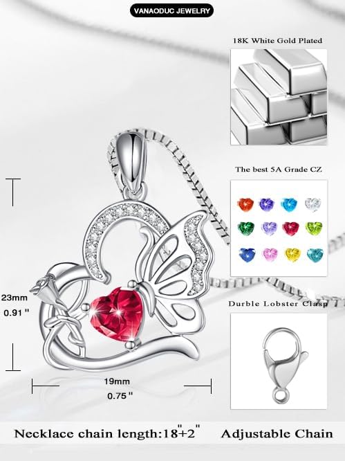 Birthstone Heart butterfly Necklace for Women, Infinity Pendant 14K Gold /18K White Gold Womens Necklaces, Jewelry Anniversary Birthday Christmas Gifts for Her Mom Wife﻿