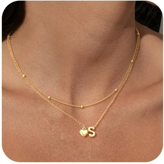 adoyi Gold Necklace for Women Layered Bubble Heart Letter Initial Necklaces for Women Trendy Jewelry 14K Gold Plated Chain Chunky Name Necklace Stack Charm A-Z Pendant Set Jewelry Gifts