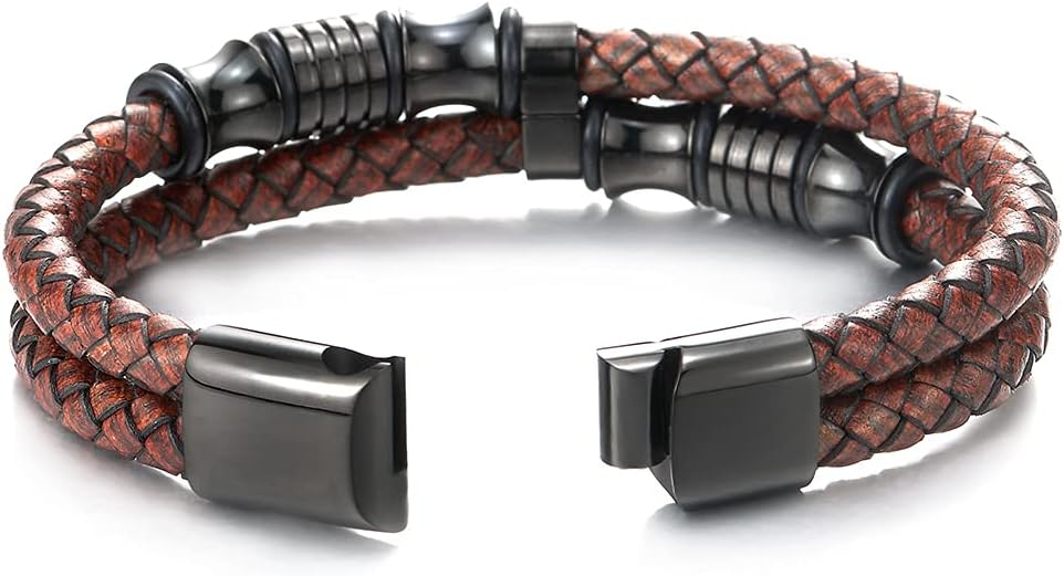COOLSTEELANDBEYOND Mens Double-Row Braided Leather Bracelet Bangle Wristband with Stainless Steel Ornaments