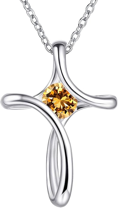 NINAMAID Cross Necklace for Women, 925 Sterling Silver Birthstone Necklace for Women with Diamond Sideways Cross Necklaces Birthstone Jewelry Birthday Gifts for Womens