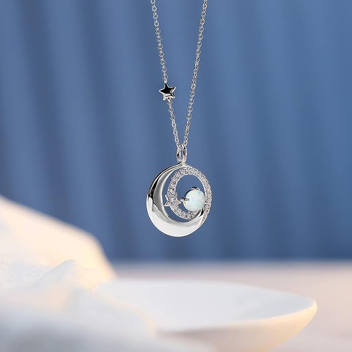 FANCIME Birthstone Necklaces 925 Sterling Silver Moon and Star Pendant Fine Jewelry Birthday Christmas Gifts for Mom Wife Her Daughter, Adjustable Chain 16+2"