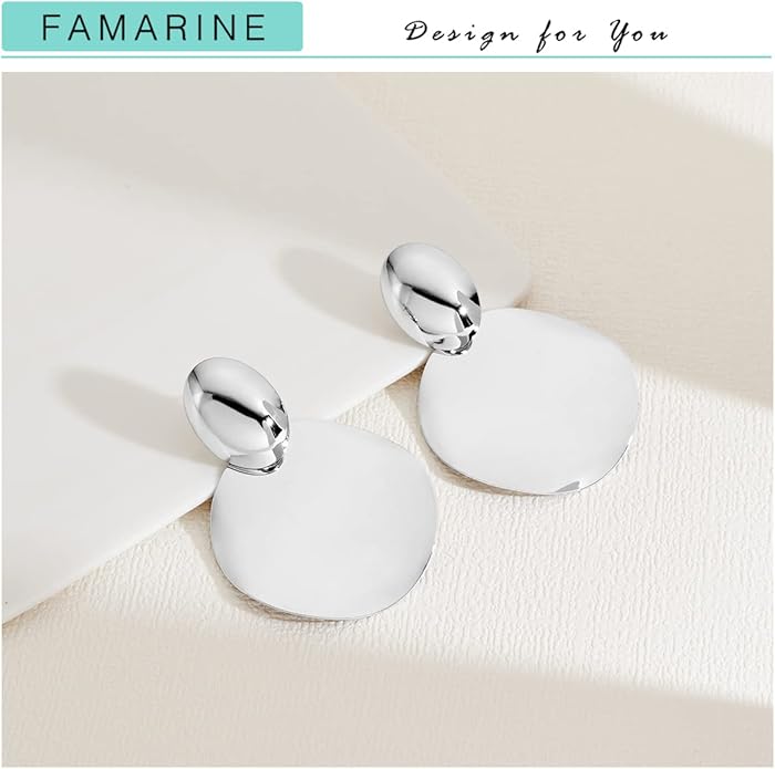 FAMARINE Big Disc Drop Earrings Gold Dangle Earrings Round Hammered Earrings Women