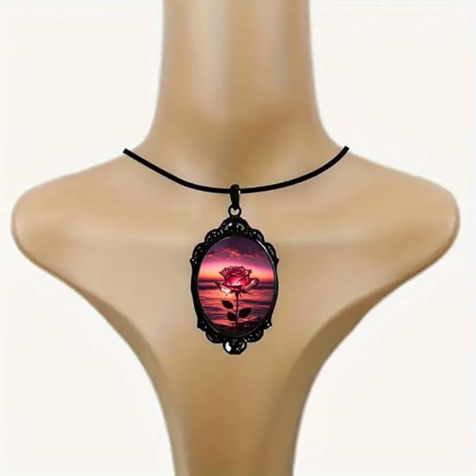 Gothic Rose Glass Necklace for Women Vintage Satan Demon Pendant Halloween Roses Necklaces Dark Punk Style Necklace Victoria Emboss Necklaces Mystic Witch Jewelry Gift Accessories