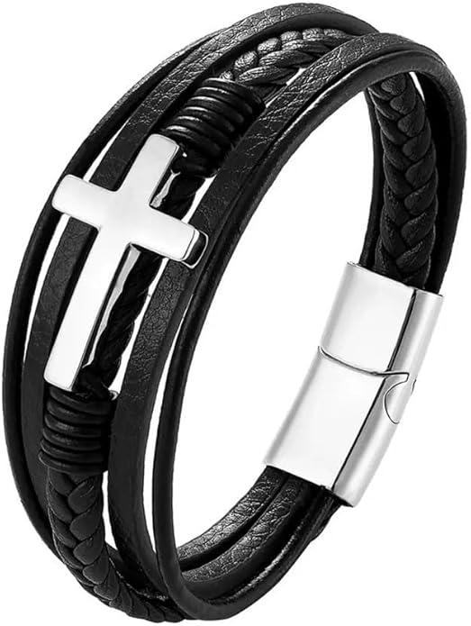 Fahonie Cross Leather Bracelet for Men Women 316L Stainless Steel with 18K Gold Plated Christ Jesus Multi-layer Handmade Christian Bracelet,7.5/8/9 Inches