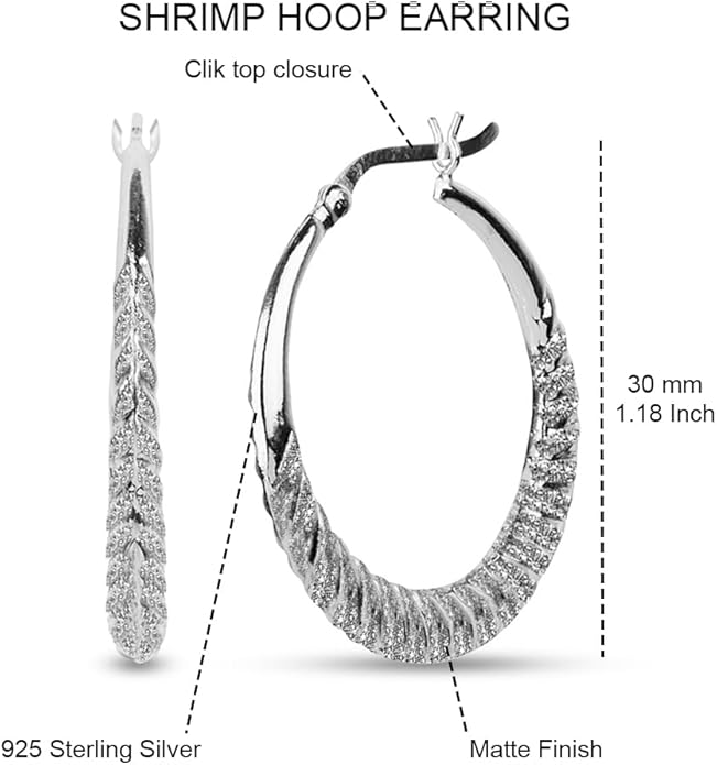 LeCalla 925 Sterling Silver Shrimp Classic Diamond-Cut Light-Weight Hoop Earrings for Women
