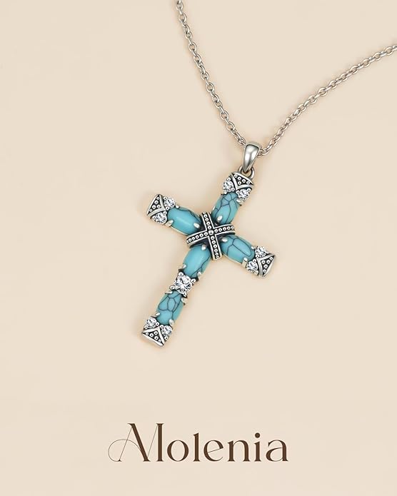 Turquoise Cross Necklace for Women, 925 Silver Western Bohemian Vintage healing Necklace, Faith Spiritual Boho Jewelry, Christian Religious Christmas Birthday Gift for Wife Girlfriend Mom