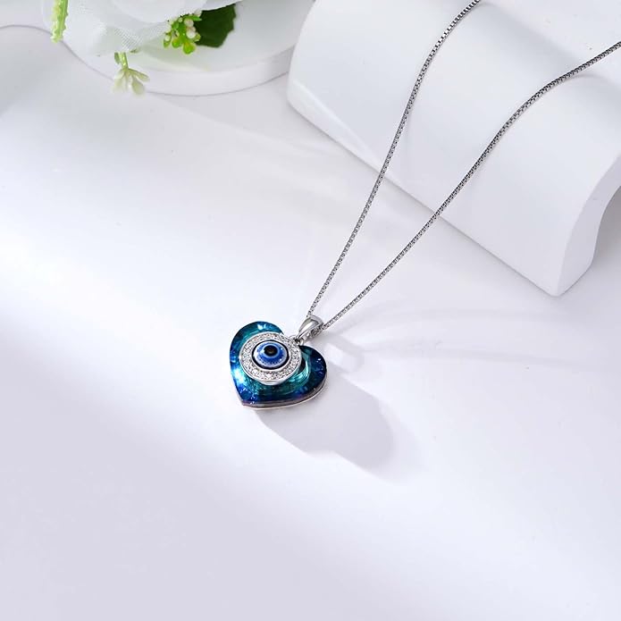 POPKIMI Evil Eye Necklace for Women - Sterling Silver Crystal Pendant With Heart - Fashion Jewelry Gifts