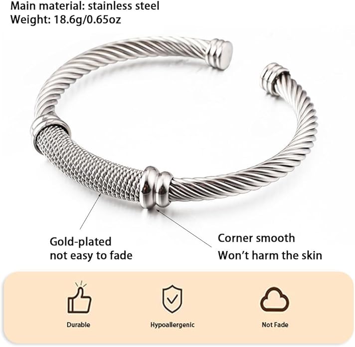 Twisted Cable Bangle Bracelet for Women Gold Plated Lightweight Adjustable Open Cuff Vintage Chunky Jewelry Gift for Her Mom Sister Birthday Christmas