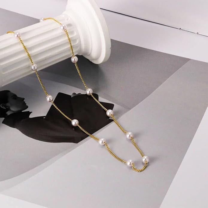 Gold Pearl Necklace for Women, 14K Gold Plated Layered Pearl Necklaces for Women Trendy Simple Herringbone Chain Pearl Necklace for Women Gold Jewelry Gifts