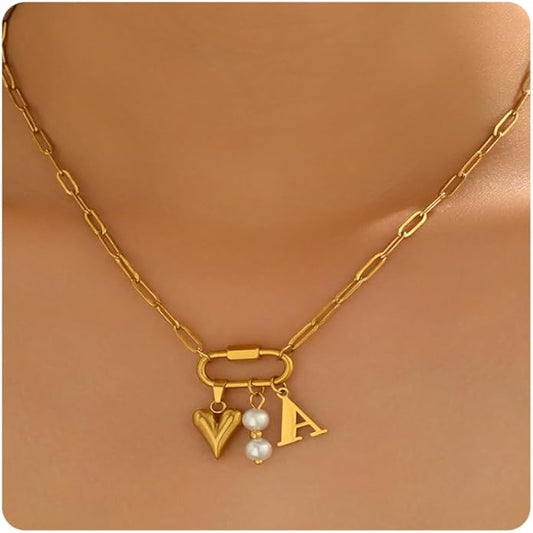 Gold Heart Initial Necklaces for Women 18K Gold Plated Dainty Pearl Letter Necklace Personalized Monogram Name A-Z Pendant Everyday Jewelry for Women